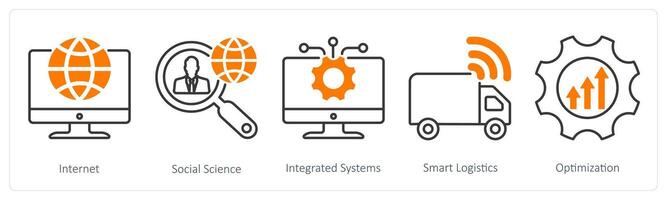 A set of 5 Industrial icons as internet, social science, integrated system vector
