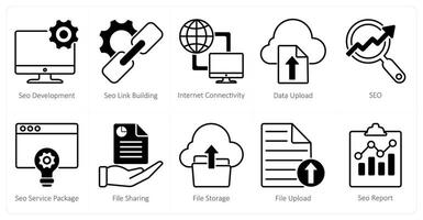 A set of 10 seo icons as seo development, seo link building, internet connectivity vector