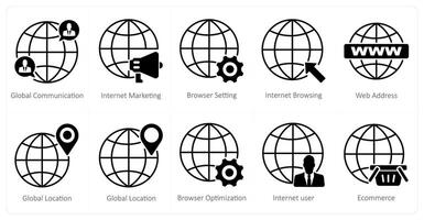 A set of 10 seo icons as global communication, internet marketing, browser setting vector