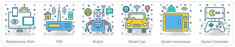 A set of 6 Smart Technology icons as responsive web, wifi, robot vector