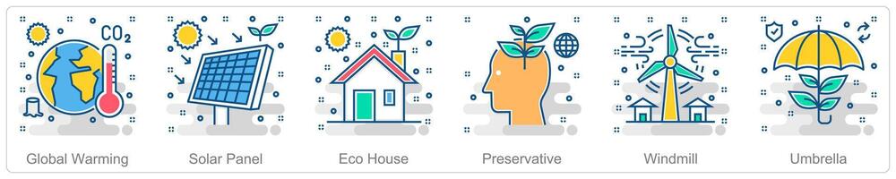 A set of 6 Ecology icons as global warming, solar panel vector