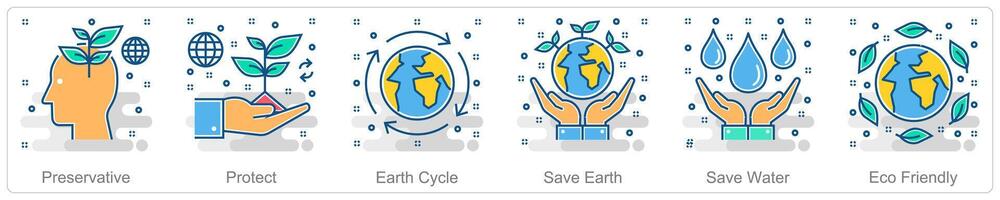 A set of 6 Ecology icons as preservative, protect, earth cycle vector