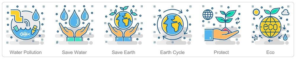 A set of 6 Ecology icons as water pollution, save water, save earth vector