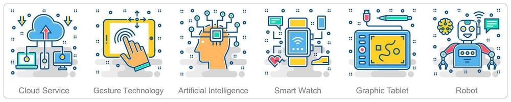 A set of 6 Smart Technology icons as cloud service, gesture technology, artificial intelligence vector
