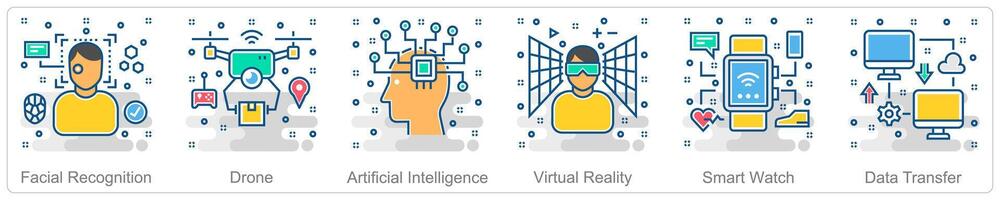A set of 6 Smart Technology icons as facial recognition, drone, artificial intelligence vector