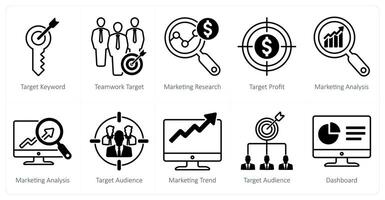 A set of 10 seo icons as target keyword, teamwork target, marketing research vector