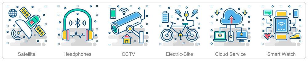 A set of 6 Smart Technology icons as satellite, headphone, cctv vector