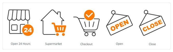 A set of 5 Shopping icons as open 24 hours, supermarket, checkout vector