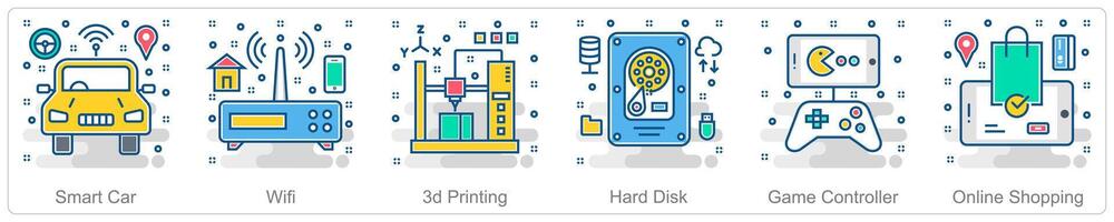 A set of 6 Smart Technology icons as smart car, wifi, 3d printing vector