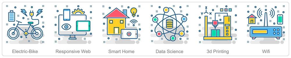 A set of 6 Smart Technology icons as electric bike, responsive web, smart home vector
