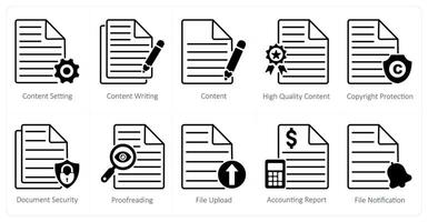 A set of 10 seo icons as content setting, content writing, content vector