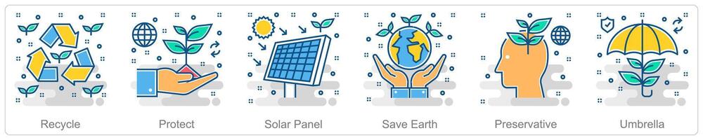 A set of 6 Ecology icons as recycle, protect, solar panel vector