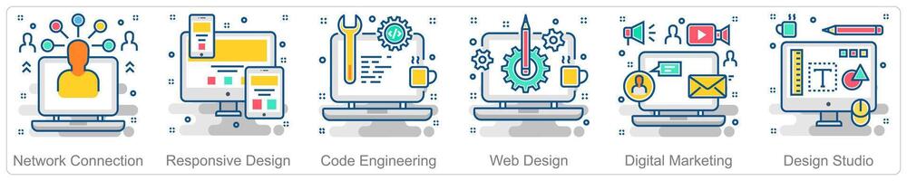A set of 6 Business icons as network connection, responsive design, code engineering vector