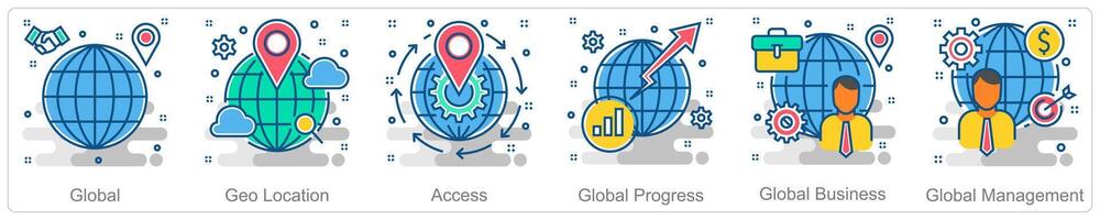 A set of 6 Business icons as global, geo location, access vector