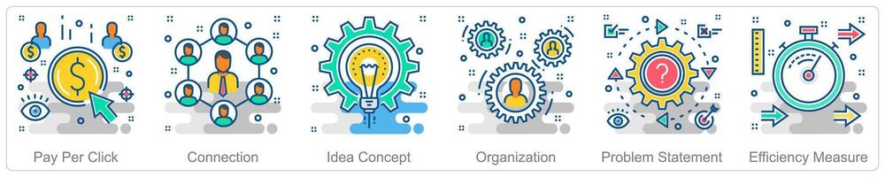 A set of 6 Business icons as pay per click, connection, idea concep vector