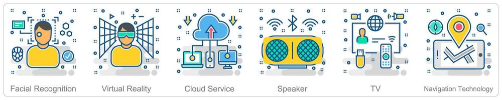 A set of 6 Smart Technology icons as facial recognition, virtual reality, cloud service vector