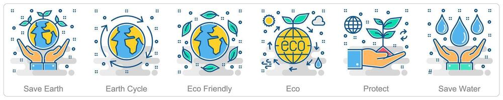 A set of 6 Ecology icons as save earth, earth cycle, eco friendly vector