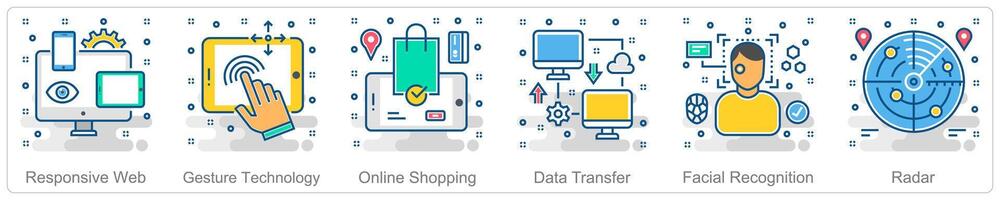 A set of 6 Smart Technology icons as responsive web, gesture technology, online shopping vector