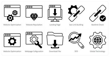 A set of 10 seo icons as website optimisation, website reputation, landing page vector