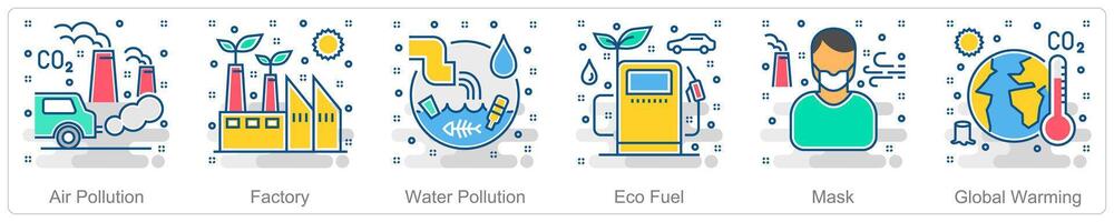 A set of 6 Ecology icons as air pollution, factory, water pollution vector