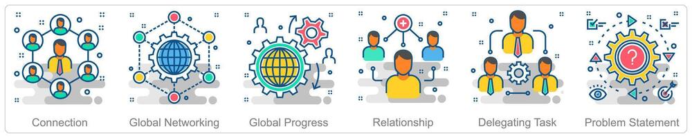 A set of 6 Business icons as connection, global networking, global progress vector