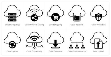 A set of 10 seo icons as cloud computing, cloud network sharing, cloud shopping vector