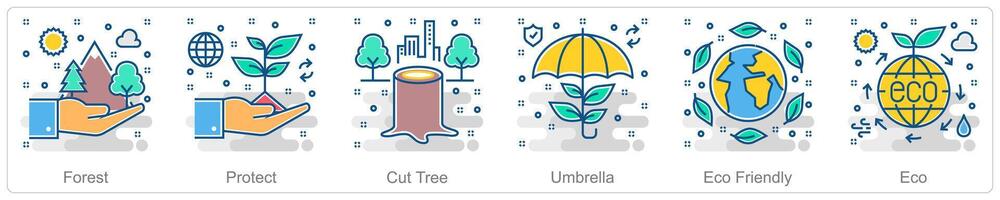A set of 6 Ecology icons as forest, protect, cut tree vector