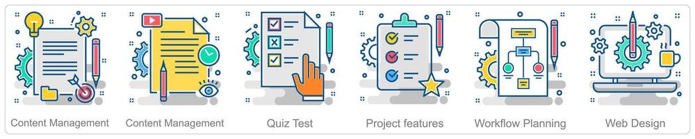 A set of 6 Business icons as content management, quiz test, project features vector