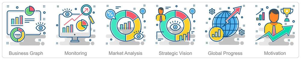 A set of 6 Business icons as business graph, monitoring, market analysis vector