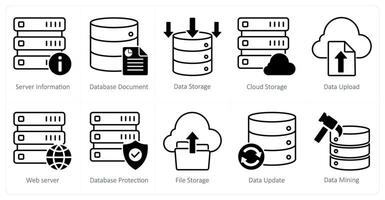 A set of 10 seo icons as server information, database document, data storage vector