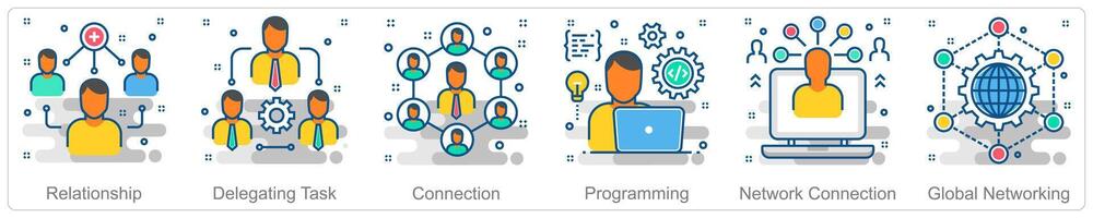 A set of 6 Business icons as relationship, delegating task, connection vector