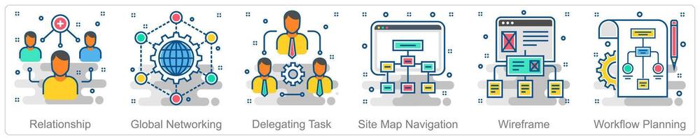 A set of 6 Business icons as relationship, global networking, delegating task vector