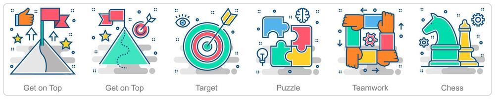A set of 6 Business icons as get on top, target, puzzle vector