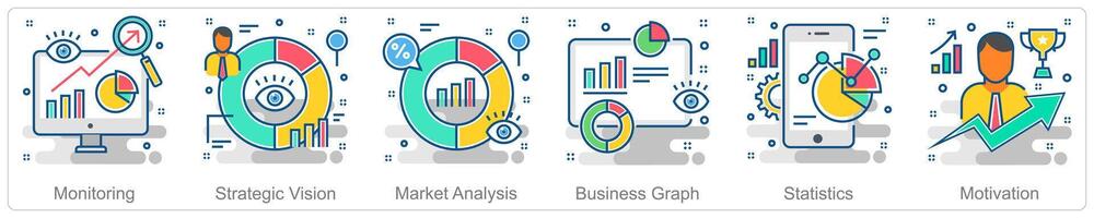A set of 6 Business icons as monitoring, strategic vision, market analysis vector