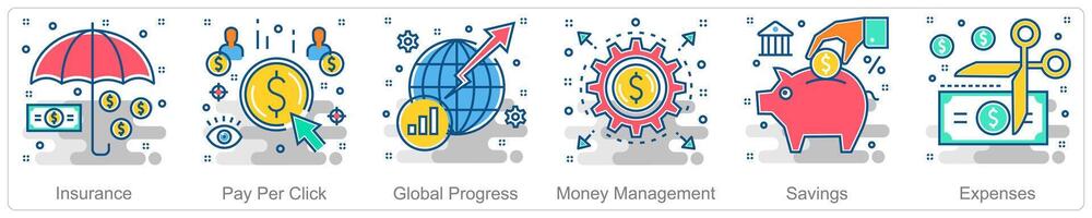 A set of 6 Business icons as insurance, pay per click, global progress vector