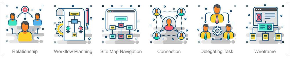 A set of 6 Business icons as relationship, workflow planning, site map navigation vector