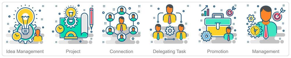 A set of 6 Business icons as idea management, project, connection vector
