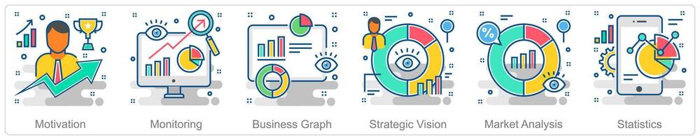 A set of 6 Business icons as motivation, monitoring, business graph vector