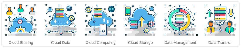 A set of 6 Business icons as cloud sharing, cloud data, cloud computing vector