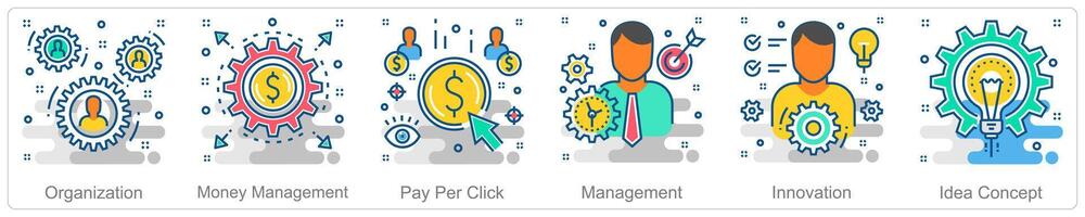 A set of 6 Business icons as organization, money management, pay per click vector