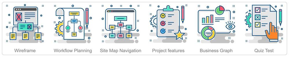 A set of 6 Business icons as wireframe, workflow planning, site map navigation vector