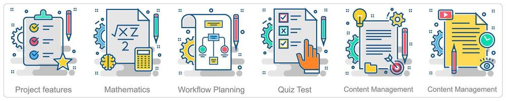 A set of 6 Business icons as project features, mathematics, workflow planning vector