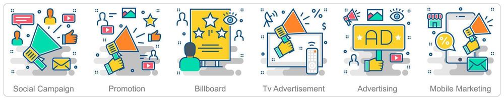 A set of 6 Business icons as social campaign, promotion, billboard vector
