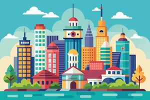 This image depicts a vibrant cityscape with a variety of buildings, trees, and a river. The buildings are designed in a flat, vector