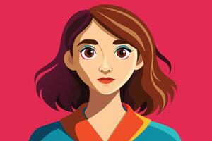 A digital illustration of a young woman with brown hair and bright makeup against a pink background. She is looking directly at the viewer with a neutral expression. vector