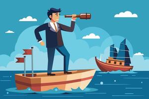 A businessman in a suit stands on a small boat in the middle of the sea, holding a telescope and looking at a larger ship sailing in the distance. vector