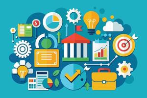 A colorful, flat design illustration depicting a variety of business concepts, including growth, success, strategy, and planning. vector