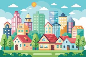 A vibrant illustration depicting a cityscape with various houses and buildings, set against a sunny sky with fluffy white clouds. vector