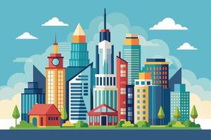 An illustration of a cityscape with tall skyscrapers, buildings, trees, and clouds against a blue sky. The buildings are in a flat, stylized design with a variety of colors and shapes. vector