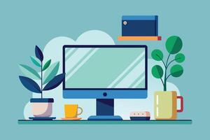 A simple and modern desk setup with a computer, two potted plants, and a coffee cup. The desk is minimalist, with a light blue background and a wooden shelf above the computer. vector
